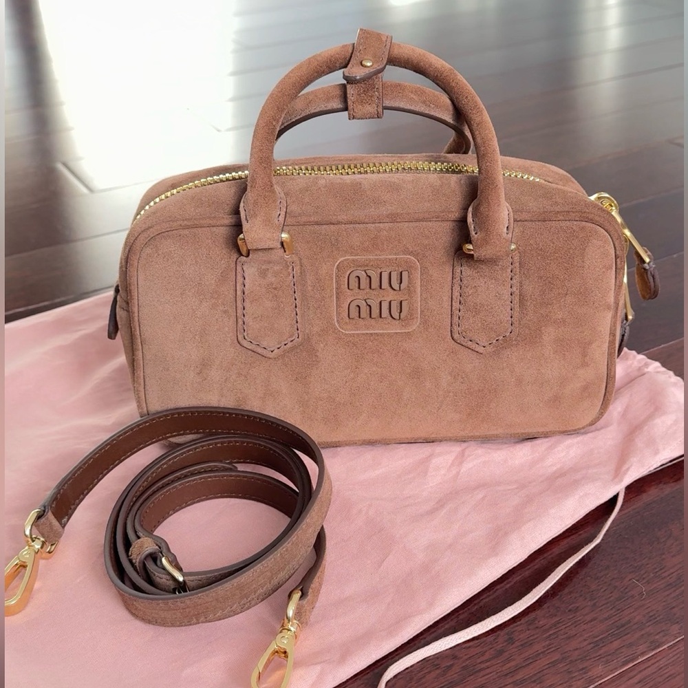 miu miu suede arcadie mini top handle bag